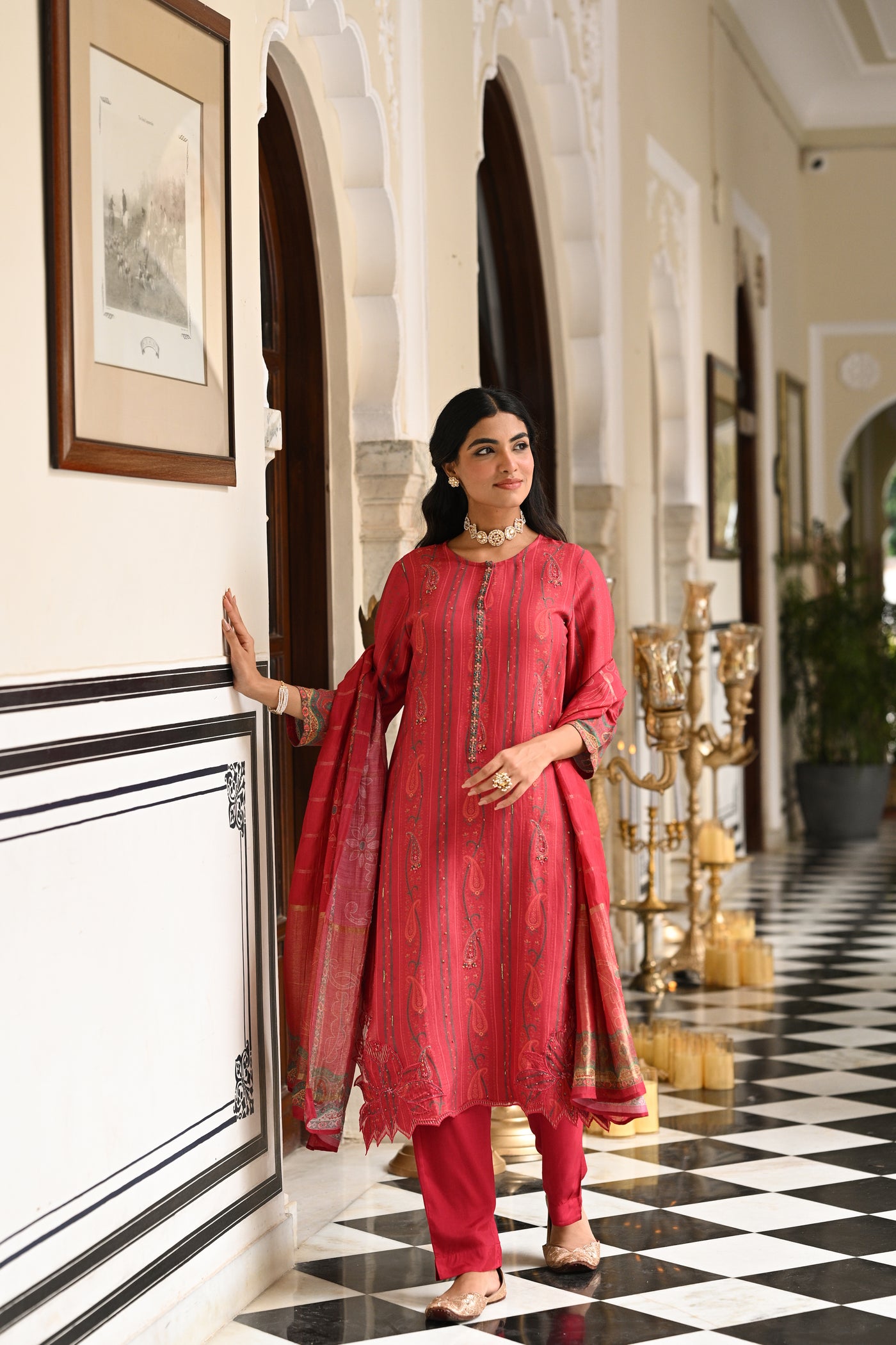 Cardinal Red Cut Work Scallope Kurta with Beads Work Paisley Print Kurta with Zari border Dupatta Suit Set
