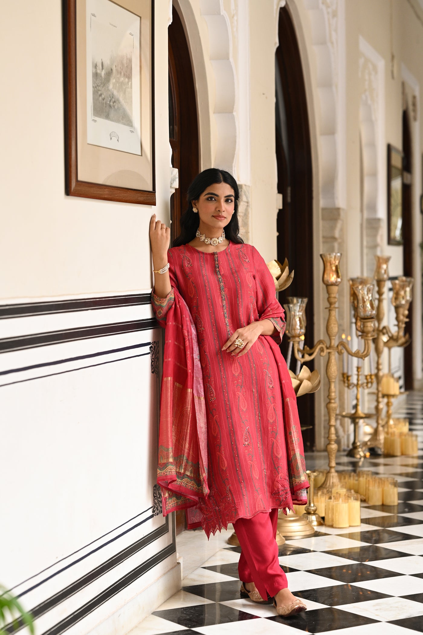 Cardinal Red Cut Work Scallope Kurta with Beads Work Paisley Print Kurta with Zari border Dupatta Suit Set