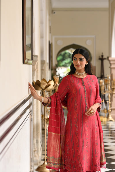 Cardinal Red Cut Work Scallope Kurta with Beads Work Paisley Print Kurta with Zari border Dupatta Suit Set