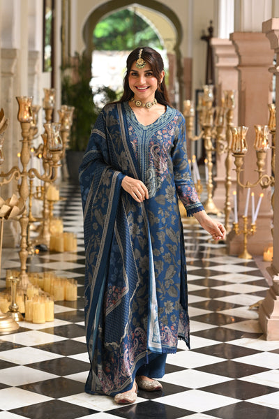Blue and Grey Paisley Floral Print Thread Embroidery With Lace Muslin Suit Set