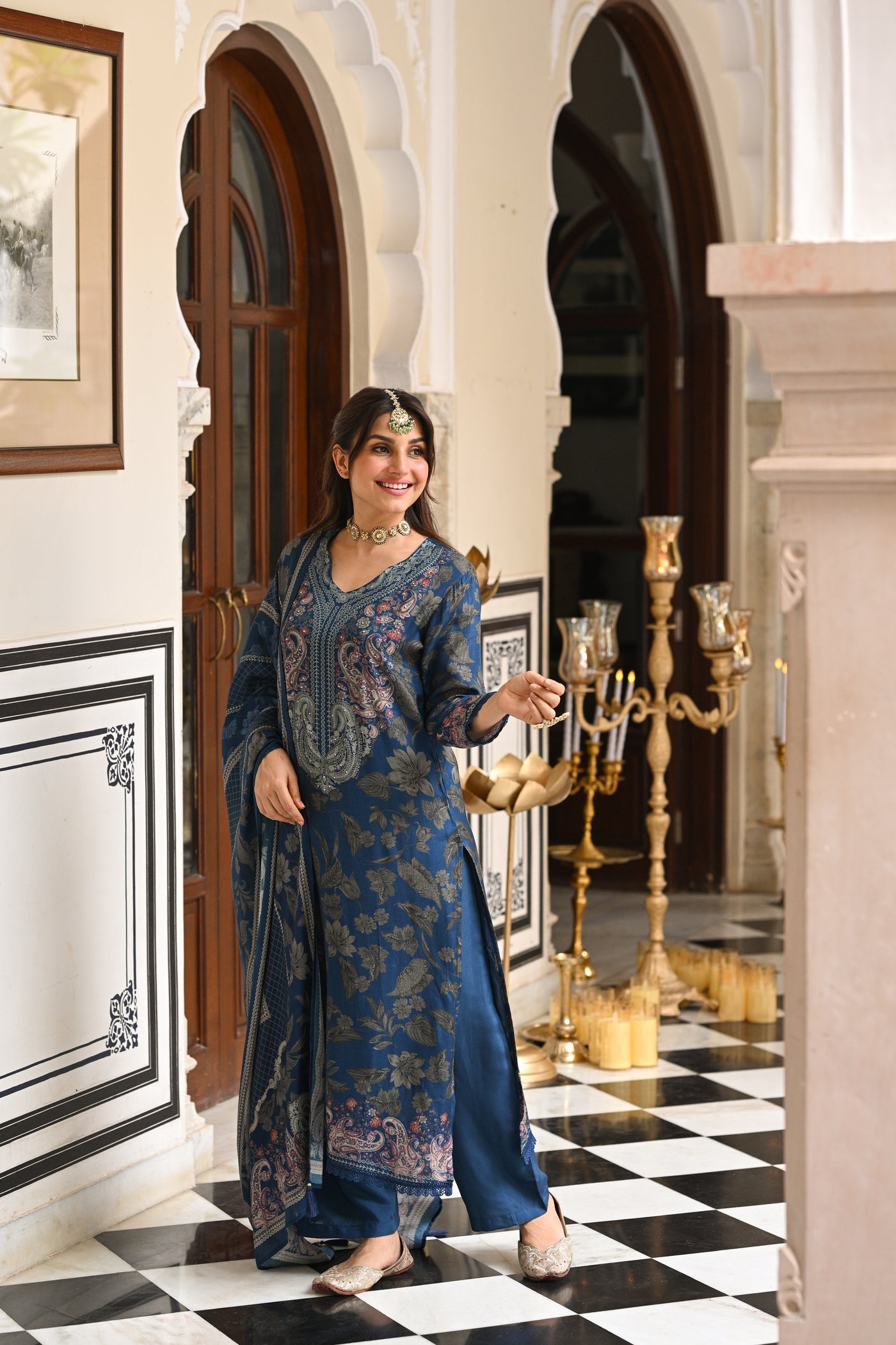 Blue and Grey Paisley Floral Print Thread Embroidery With Lace Muslin Suit Set