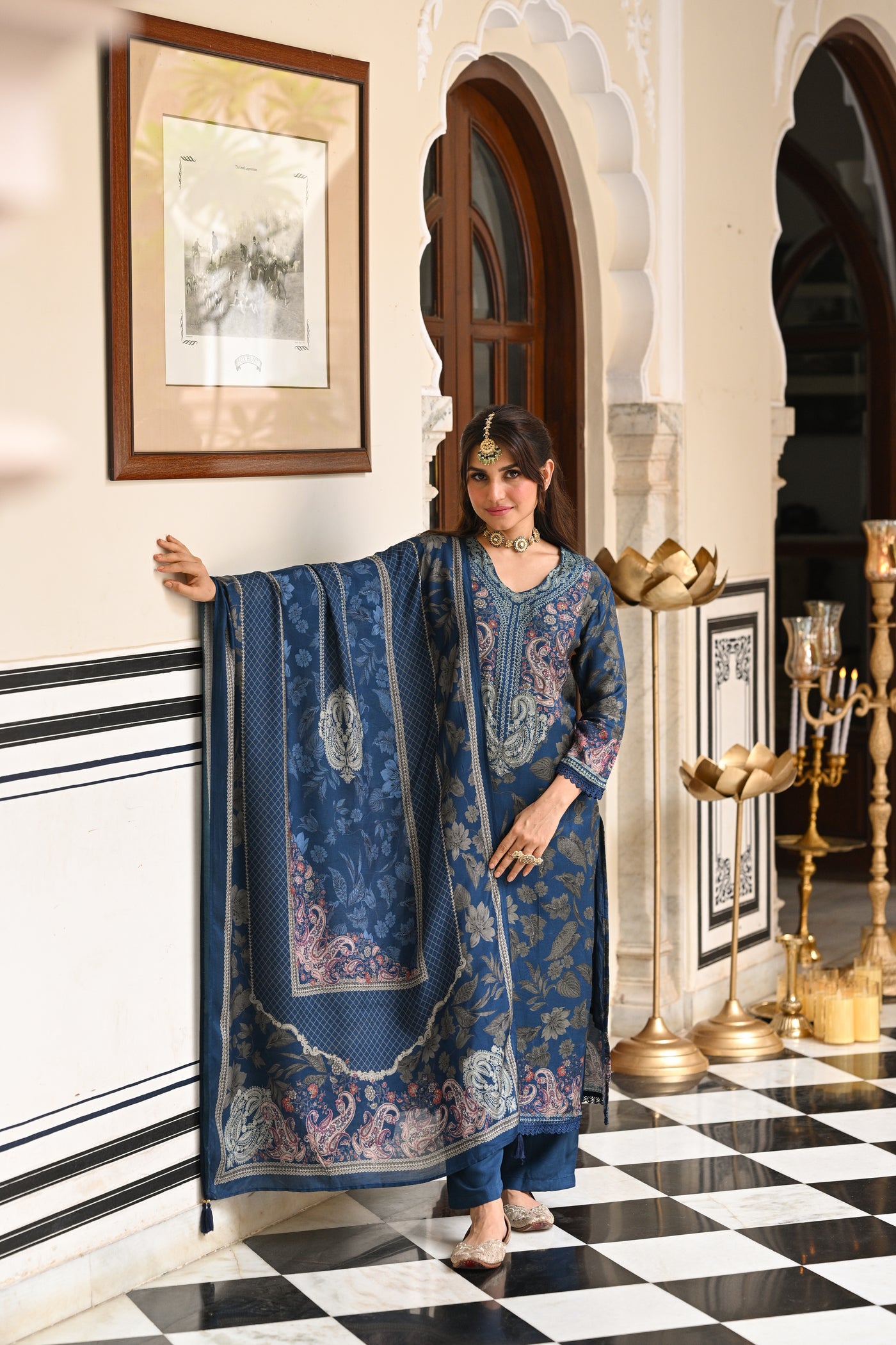 Blue and Grey Paisley Floral Print Thread Embroidery With Lace Muslin Suit Set