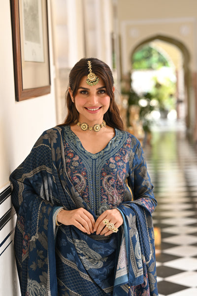 Blue and Grey Paisley Floral Print Thread Embroidery With Lace Muslin Suit Set