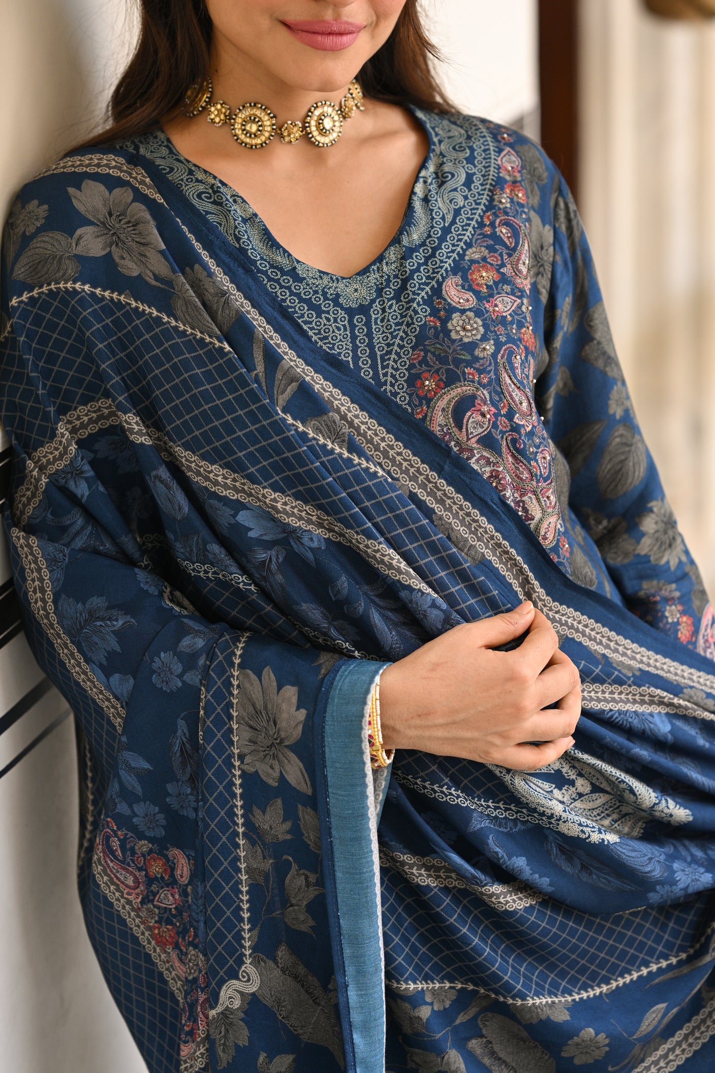 Blue and Grey Paisley Floral Print Thread Embroidery With Lace Muslin Suit Set