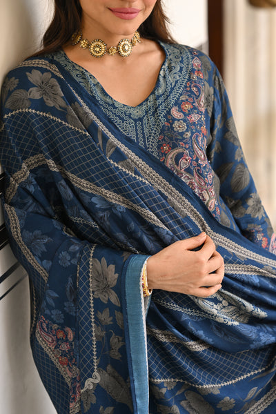 Blue and Grey Paisley Floral Print Thread Embroidery With Lace Muslin Suit Set