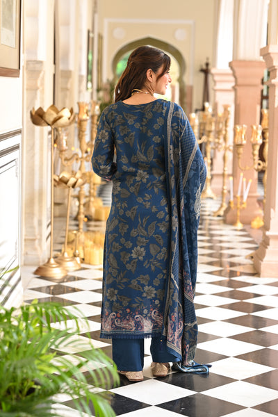 Blue and Grey Paisley Floral Print Thread Embroidery With Lace Muslin Suit Set