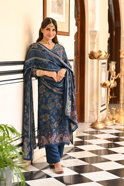 Blue and Grey Paisley Floral Print Thread Embroidery With Lace Muslin Suit Set