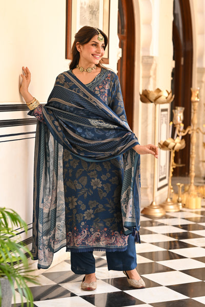 Blue and Grey Paisley Floral Print Thread Embroidery With Lace Muslin Suit Set