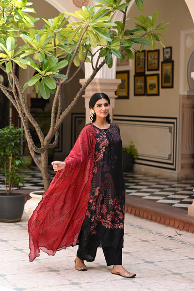 Black and Red Paisley Print with Scallope Cut Work on Kurta and Scallope Dupatta