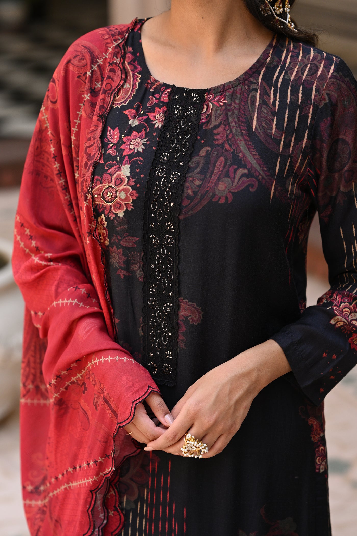 Black and Red Paisley Print with Scallope Cut Work on Kurta and Scallope Dupatta