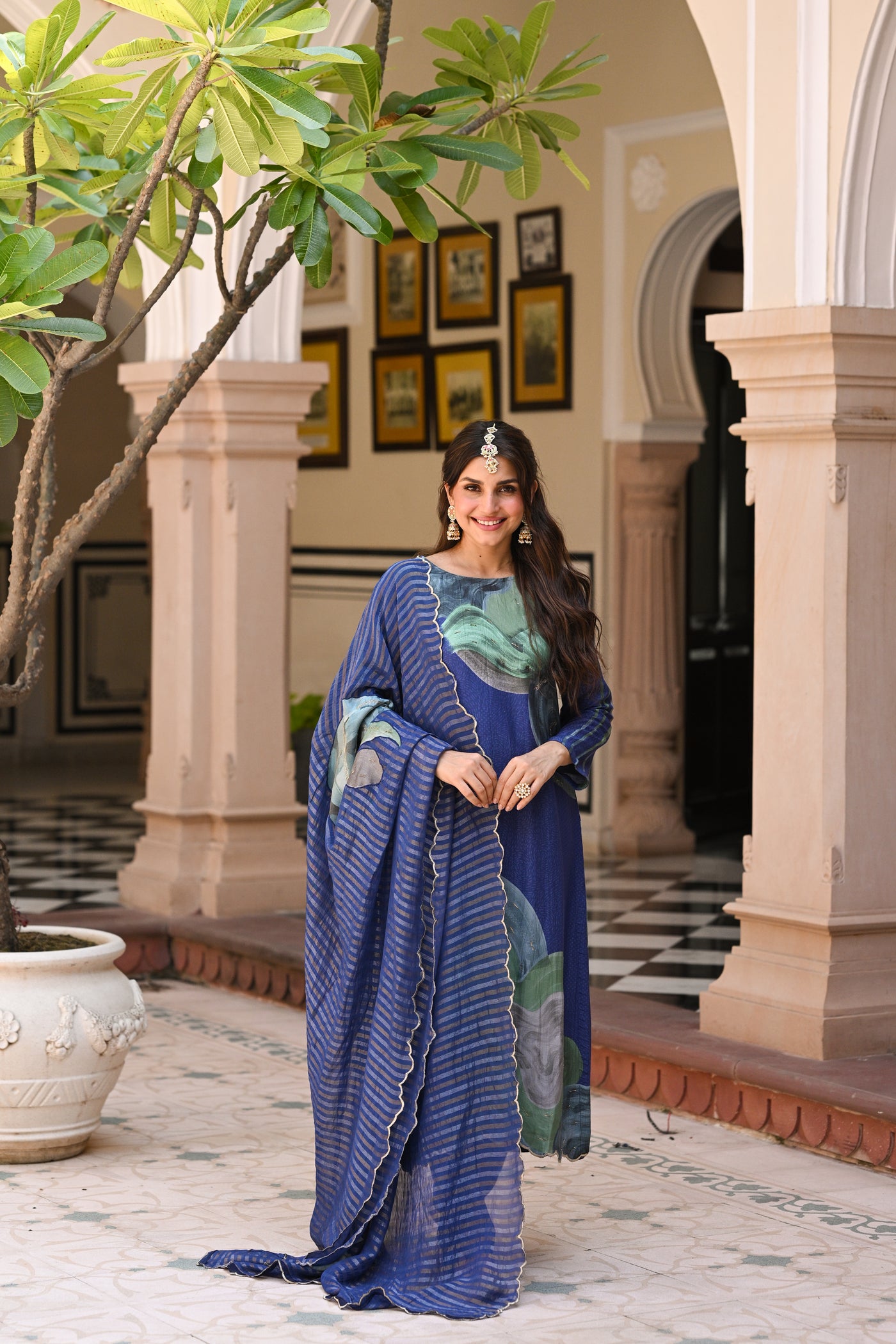 Blue and Green Shimmer Muslin with Threadle and Handwork on Kurta with Silver & Golden Zari dupatta with Four side Threadle, Patch Work & Handwork Scallope Suit Set