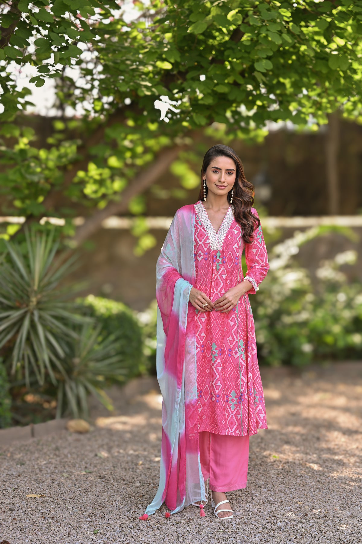 Pink Pure Muslin Patola Print A line Suit Set with Thread Work on Neck and Shaded Dupatta