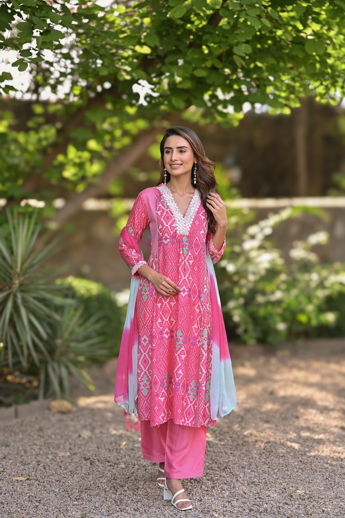Pink Pure Muslin Patola Print A line Suit Set with Thread Work on Neck and Shaded Dupatta