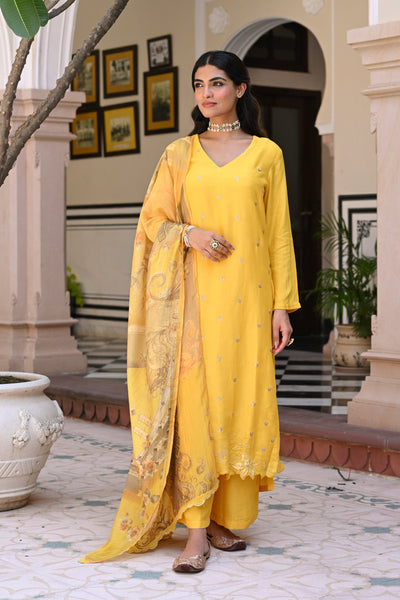 Yellow Shimmer Muslin with Threadwork motifs and Cut Work Scallop Suit Set