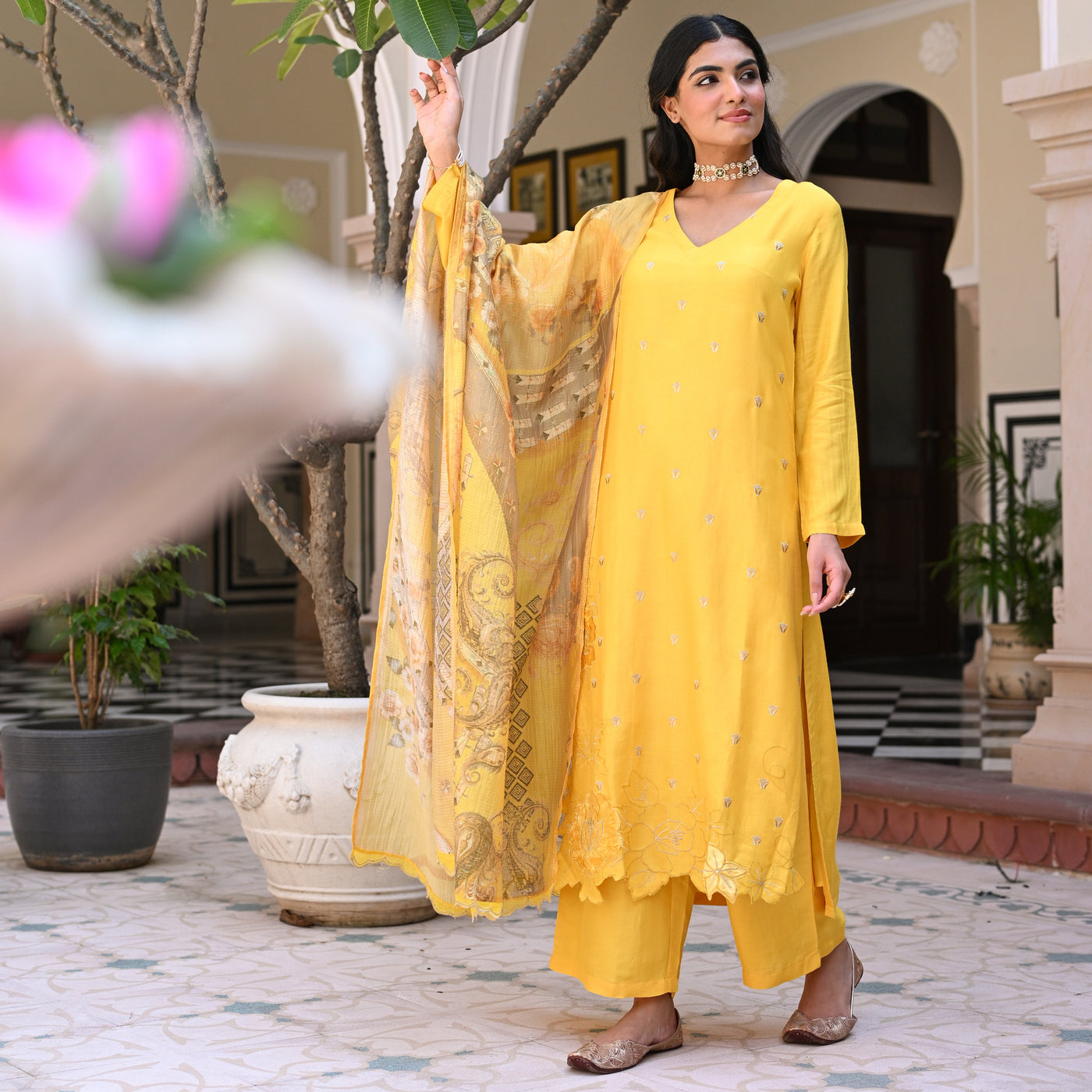 Yellow Shimmer Muslin with Threadwork motifs and Cut Work Scallop Suit Set