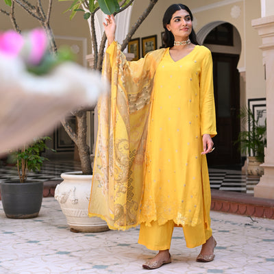 Yellow Shimmer Muslin with Threadwork motifs and Cut Work Scallop Suit Set
