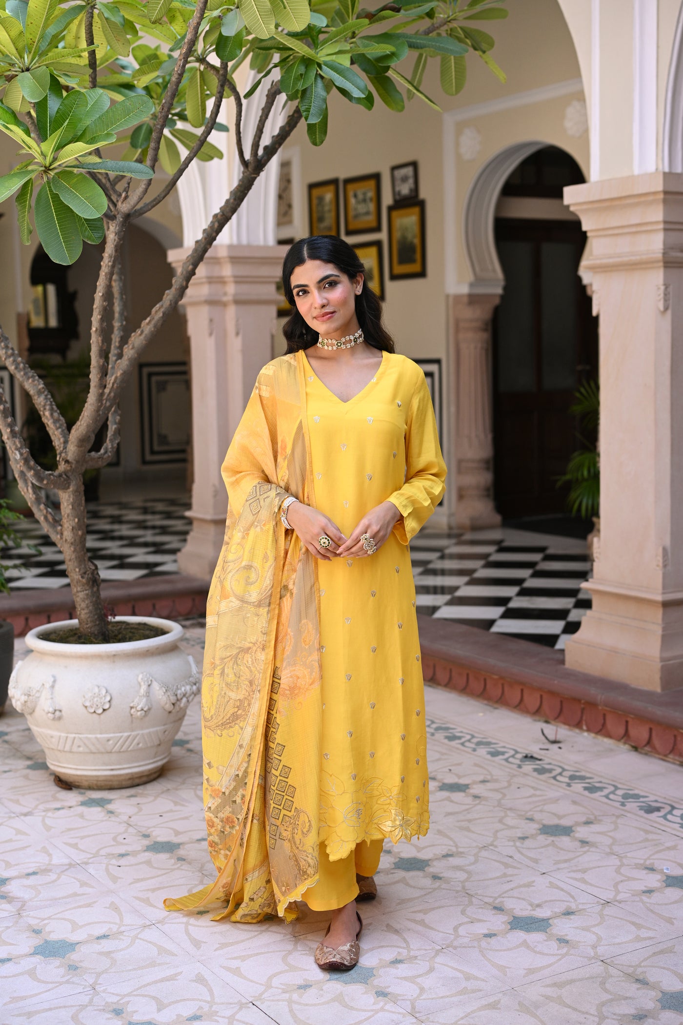 Yellow Shimmer Muslin with Threadwork motifs and Cut Work Scallop Suit Set