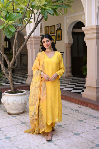 Yellow Shimmer Muslin with Threadwork motifs and Cut Work Scallop Suit Set