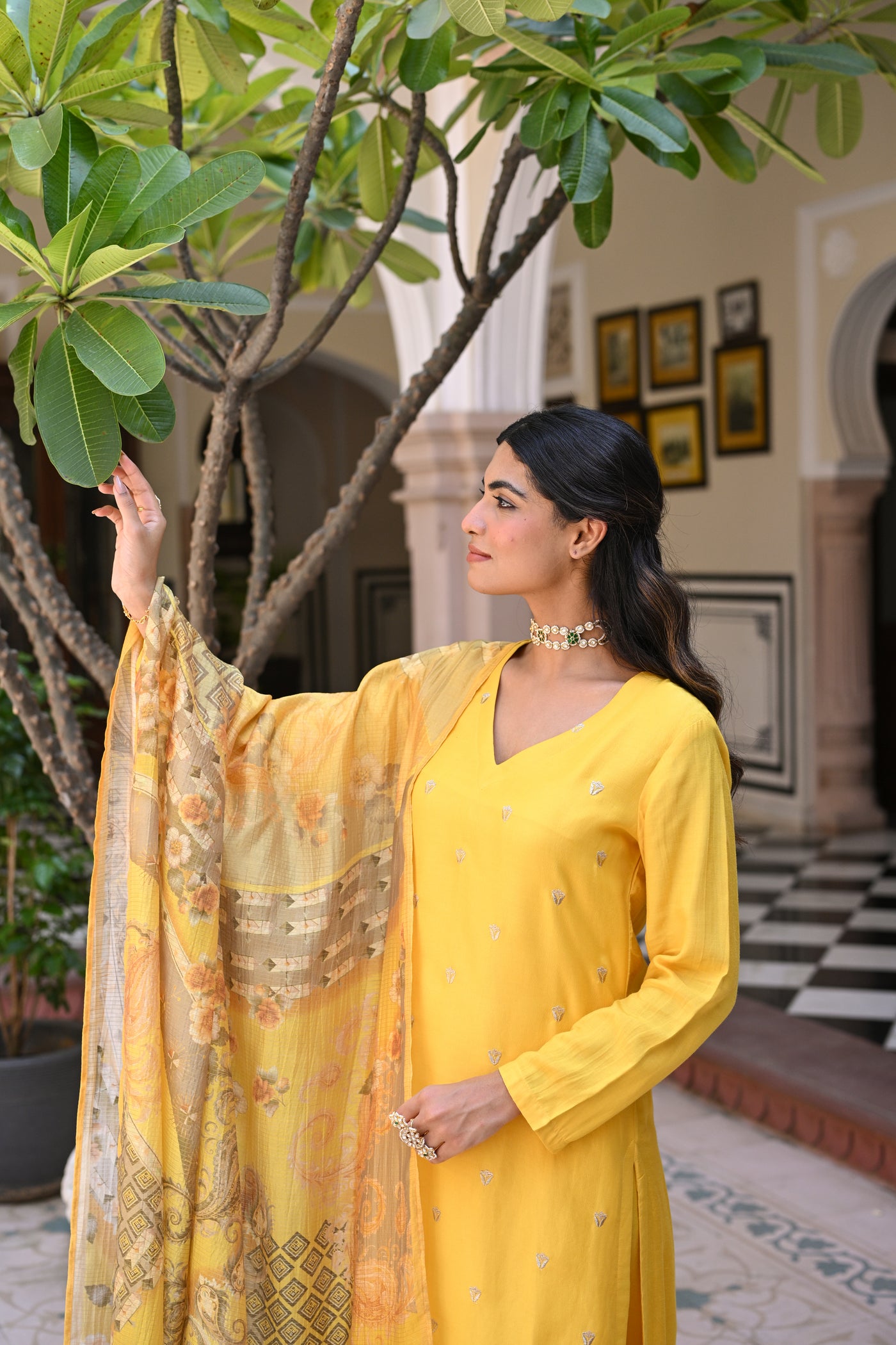 Yellow Shimmer Muslin with Threadwork motifs and Cut Work Scallop Suit Set