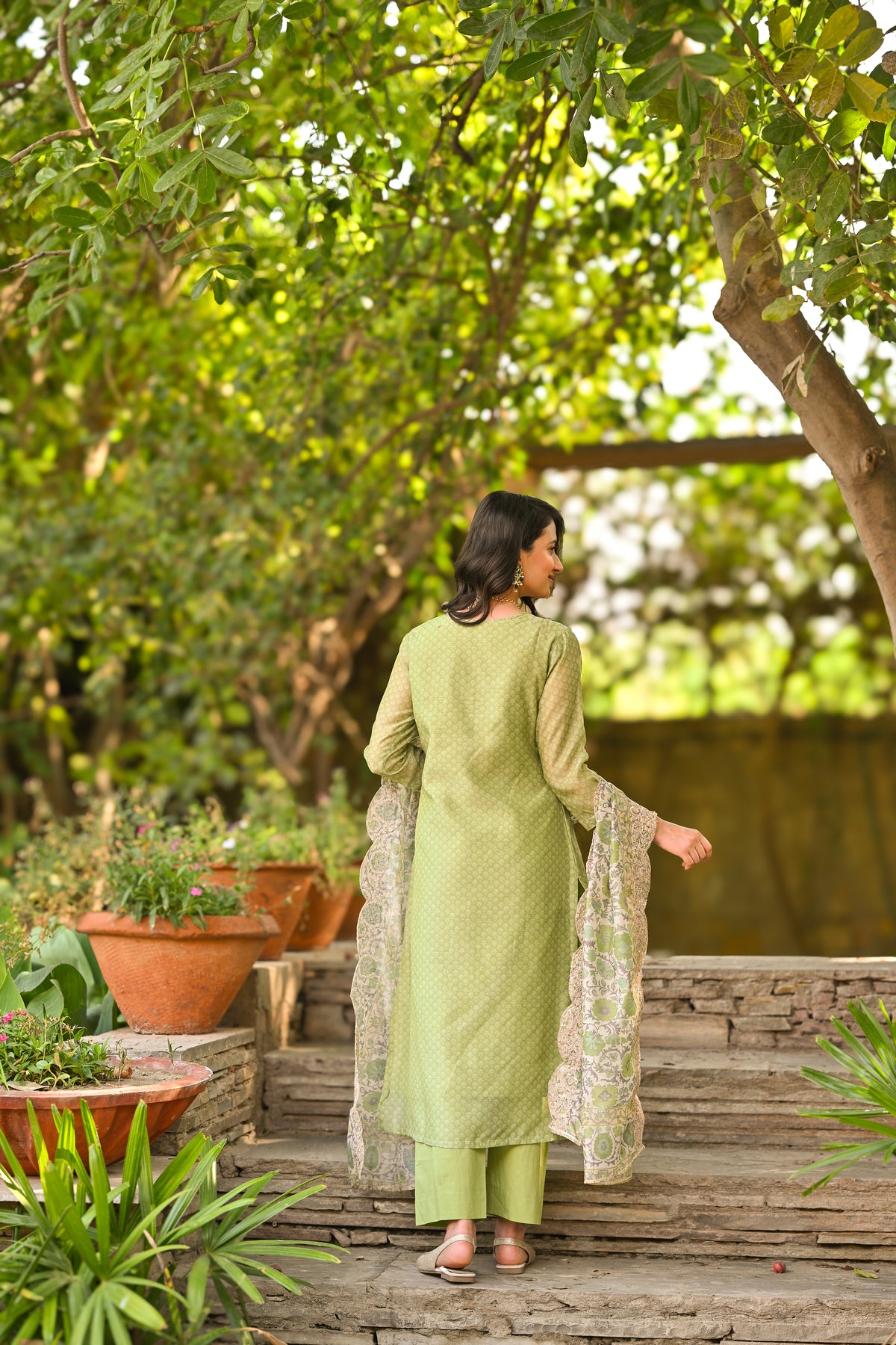 Green Zubeida Chanderi Suit Set with Scallope Dupatta and Marodi work