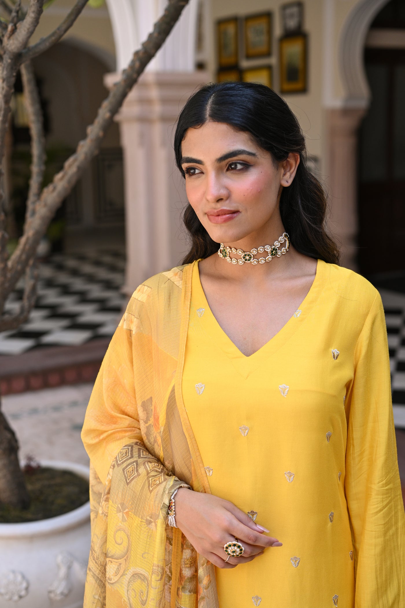 Yellow Shimmer Muslin with Threadwork motifs and Cut Work Scallop Suit Set