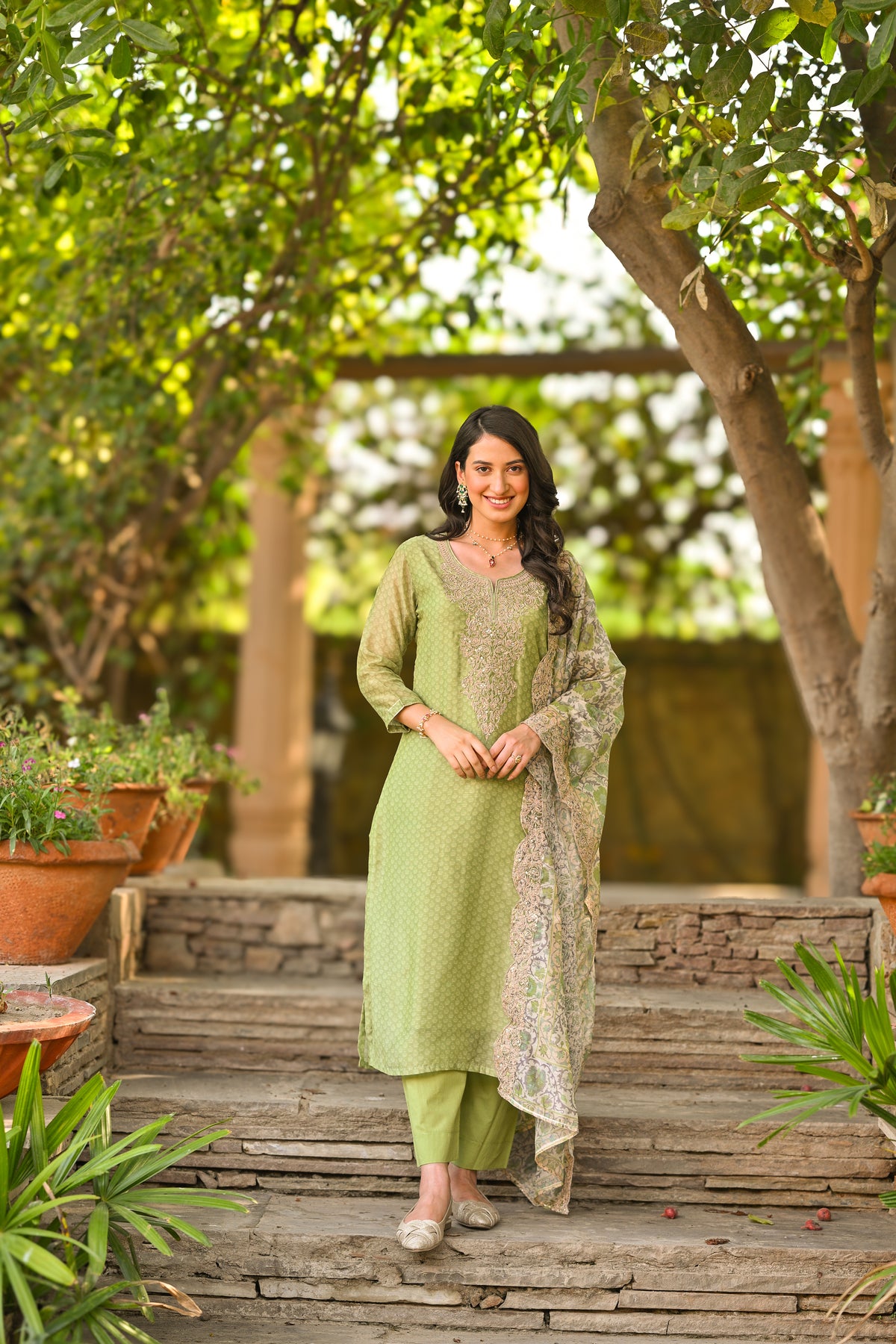 Green Zubeida Chanderi Suit Set with Scallope Dupatta and Marodi work