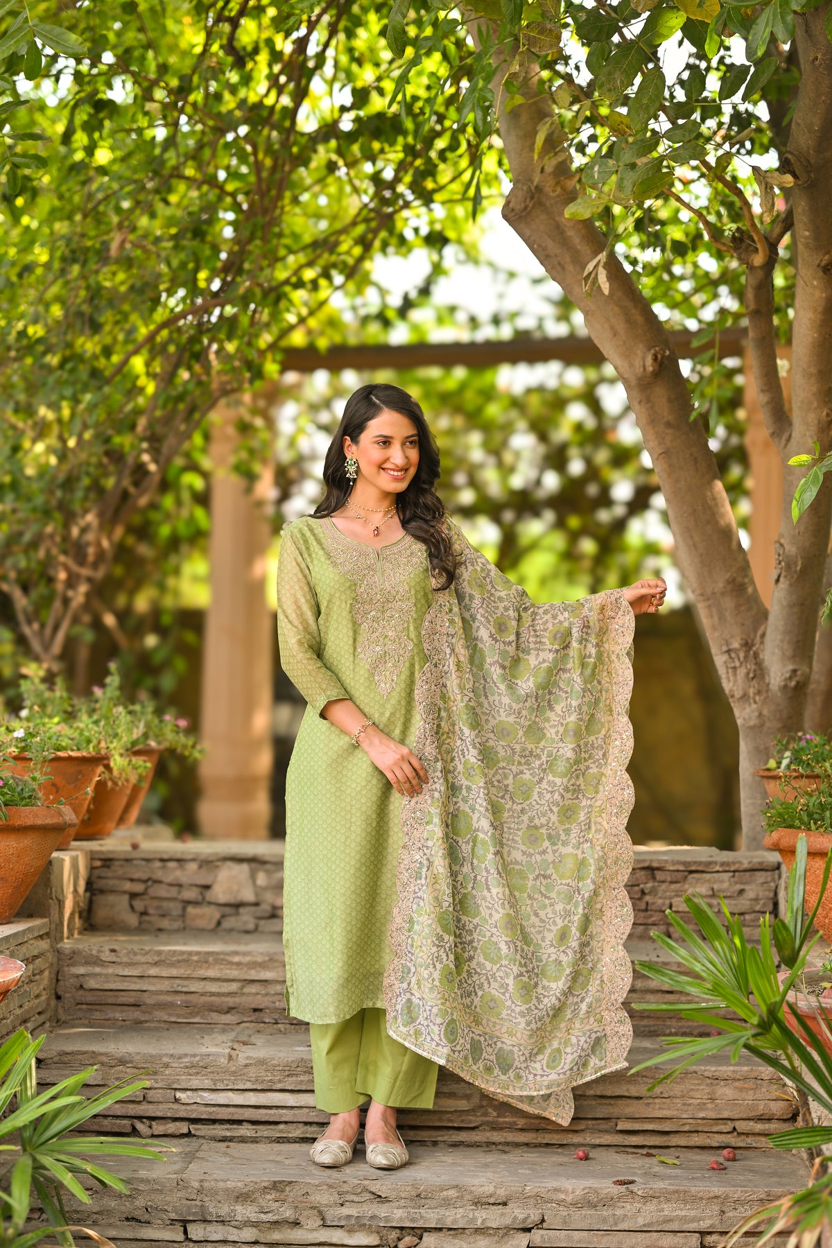 Green Zubeida Chanderi Suit Set with Scallope Dupatta and Marodi work