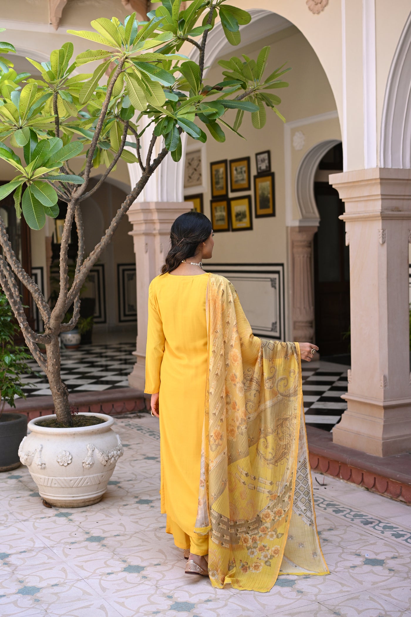 Yellow Shimmer Muslin with Threadwork motifs and Cut Work Scallop Suit Set