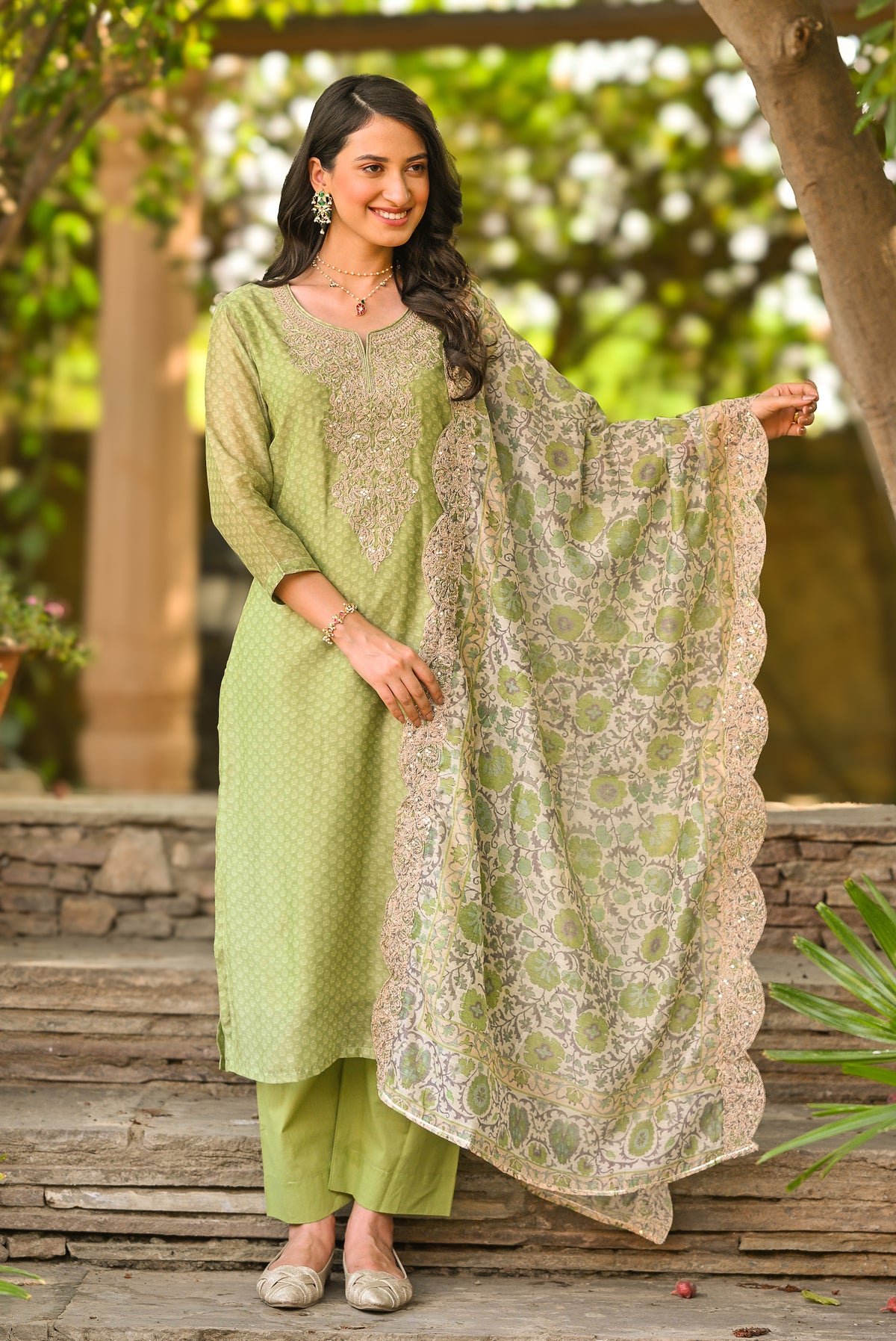 Green Zubeida Chanderi Suit Set with Scallope Dupatta and Marodi work