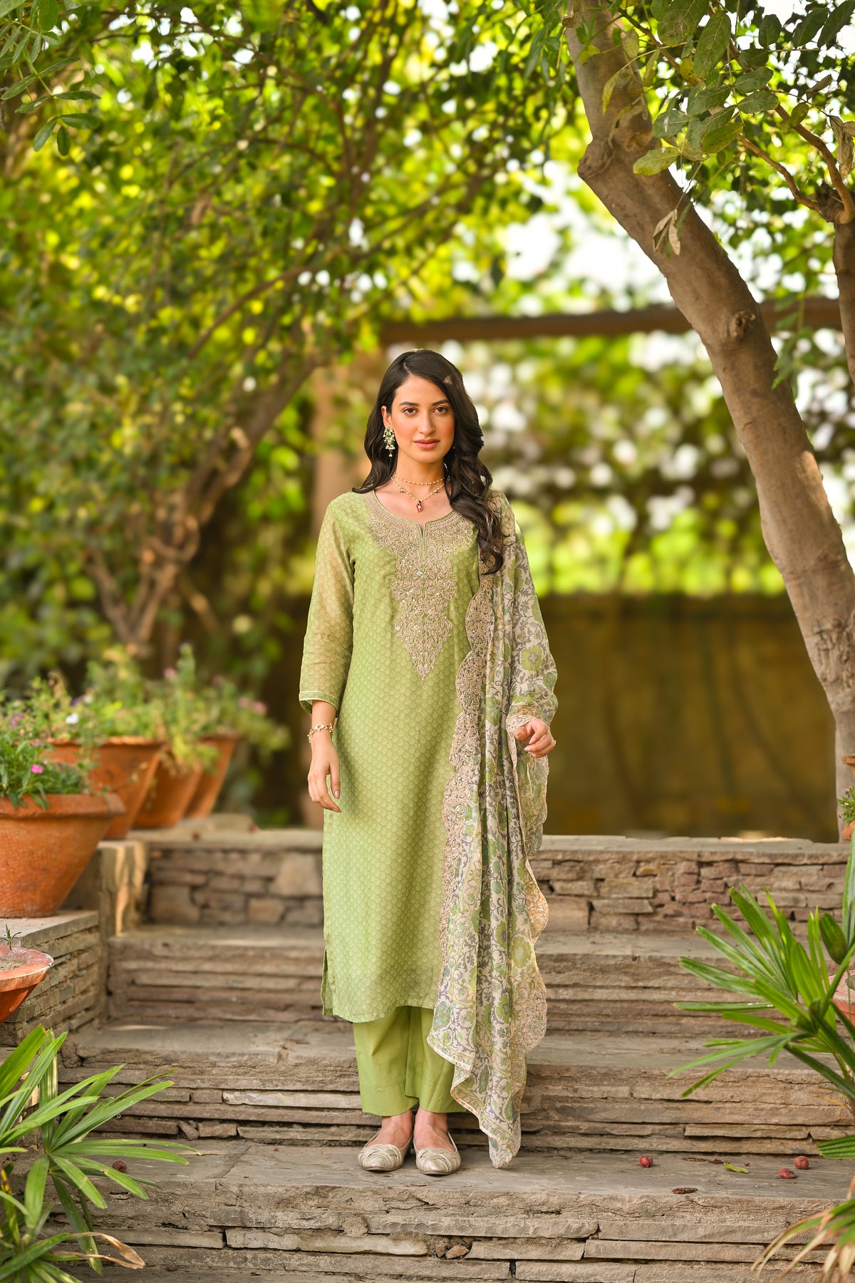 Green Zubeida Chanderi Suit Set with Scallope Dupatta and Marodi work