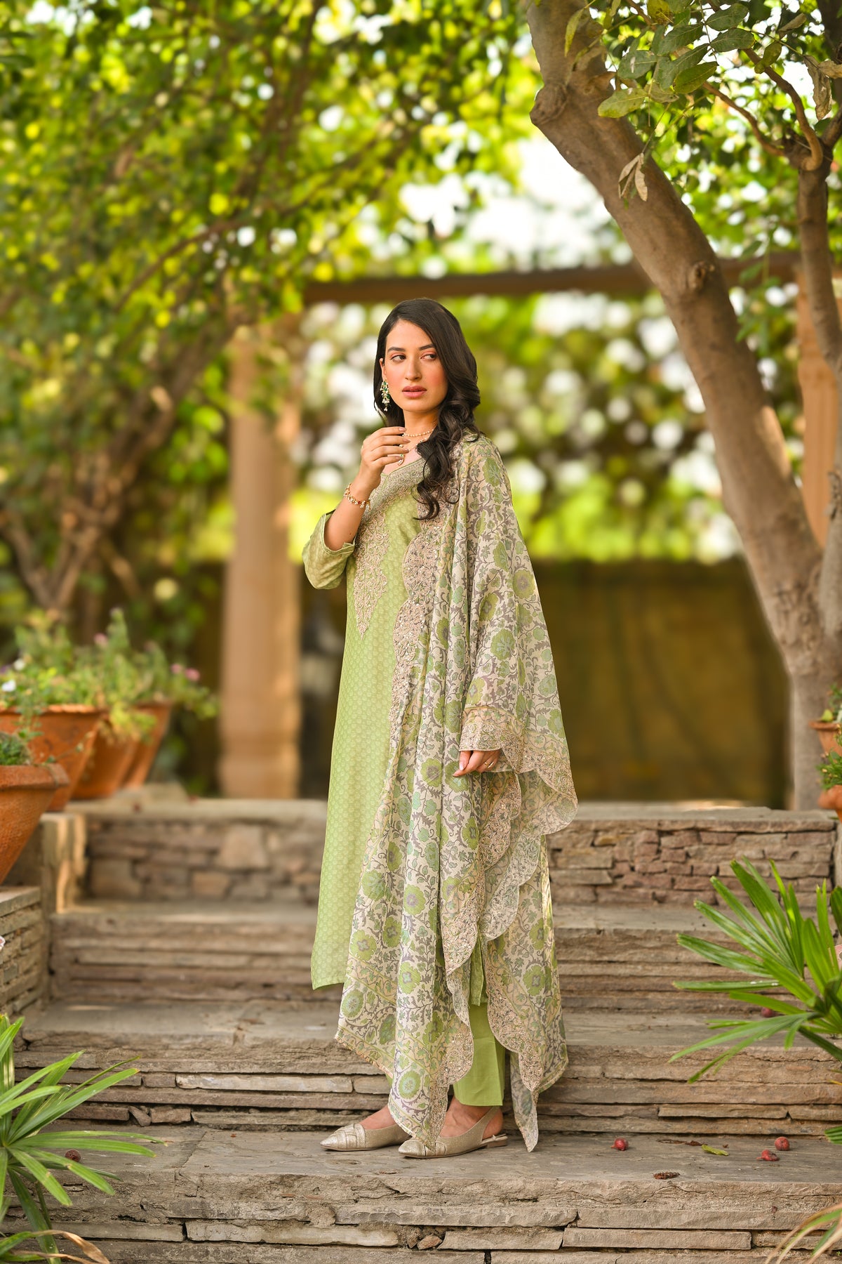 Green Zubeida Chanderi Suit Set with Scallope Dupatta and Marodi work
