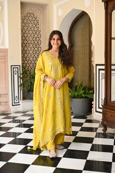 Yellow Pure Mul Chanderi with Metallic Thread work on Kurta and Dupatta Suit Set