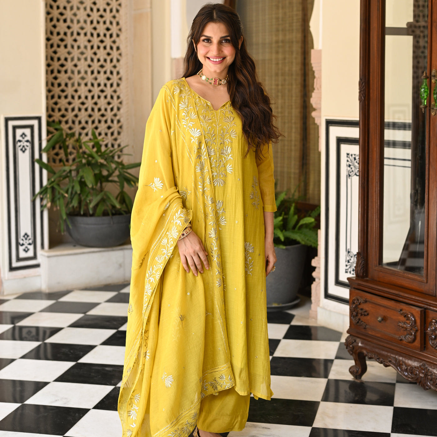 Yellow Pure Mul Chanderi with Metallic Thread work on Kurta and Dupatta Suit Set