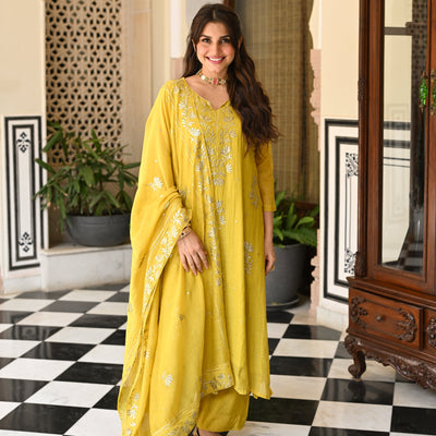 Yellow Pure Mul Chanderi with Metallic Thread work on Kurta and Dupatta Suit Set