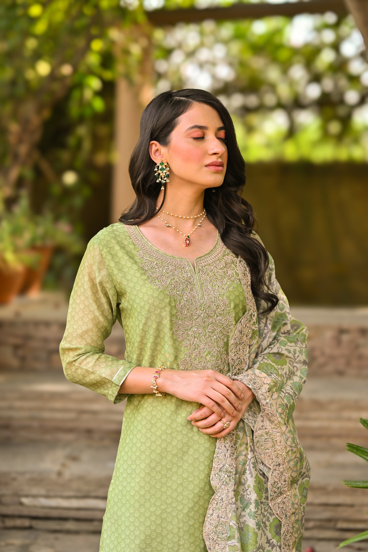 Green Zubeida Chanderi Suit Set with Scallope Dupatta and Marodi work