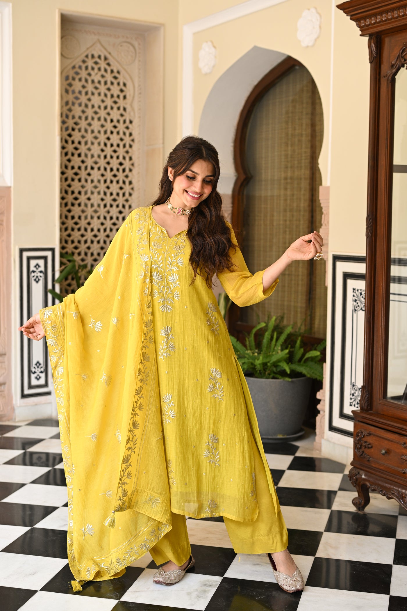 Yellow Pure Mul Chanderi with Metallic Thread work on Kurta and Dupatta Suit Set