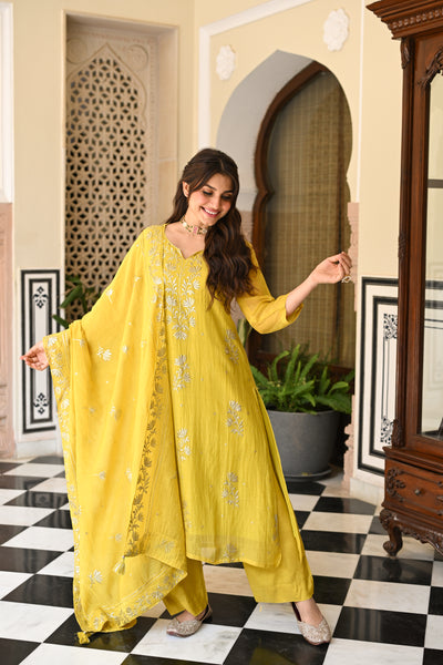 Yellow Pure Mul Chanderi with Metallic Thread work on Kurta and Dupatta Suit Set
