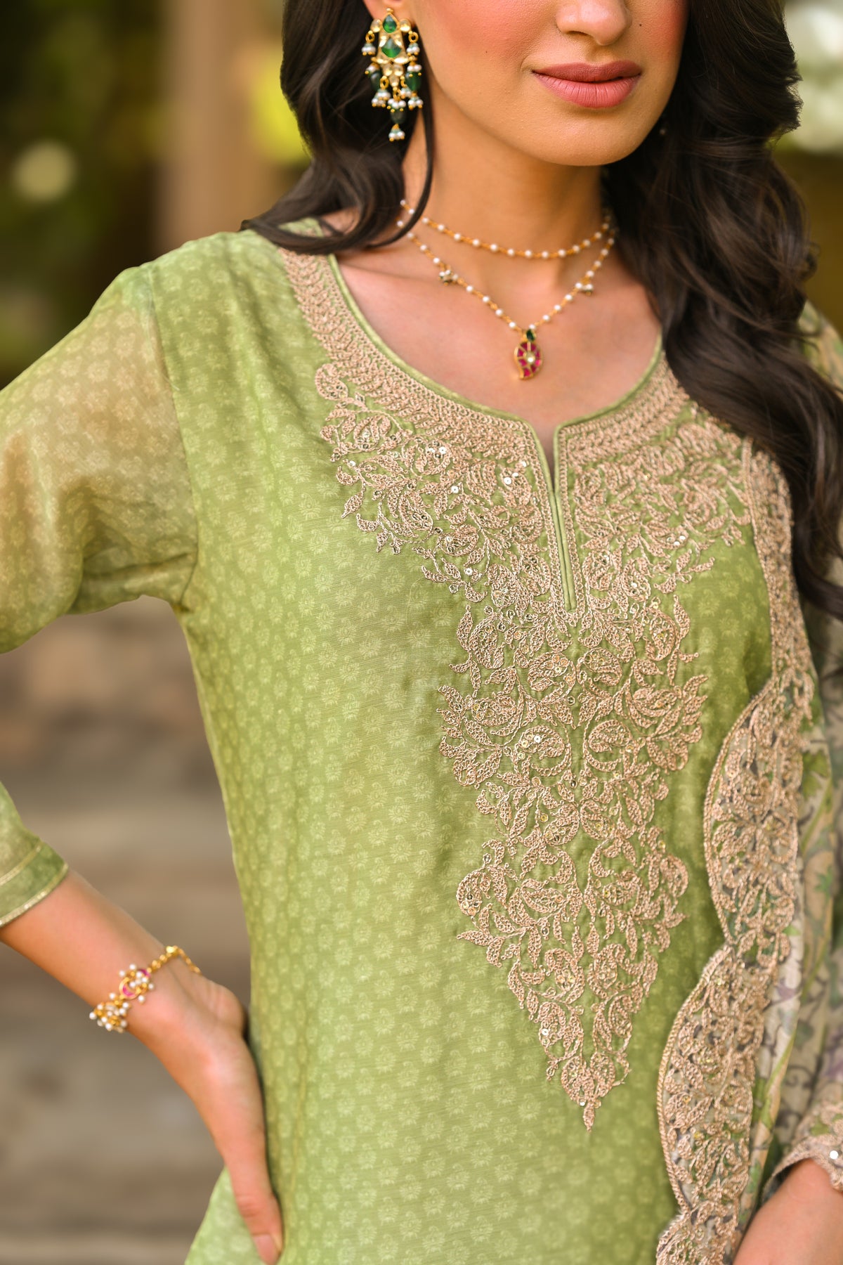 Green Zubeida Chanderi Suit Set with Scallope Dupatta and Marodi work