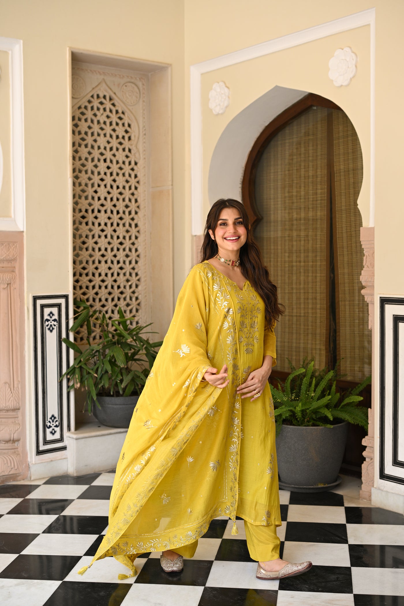 Yellow Pure Mul Chanderi with Metallic Thread work on Kurta and Dupatta Suit Set
