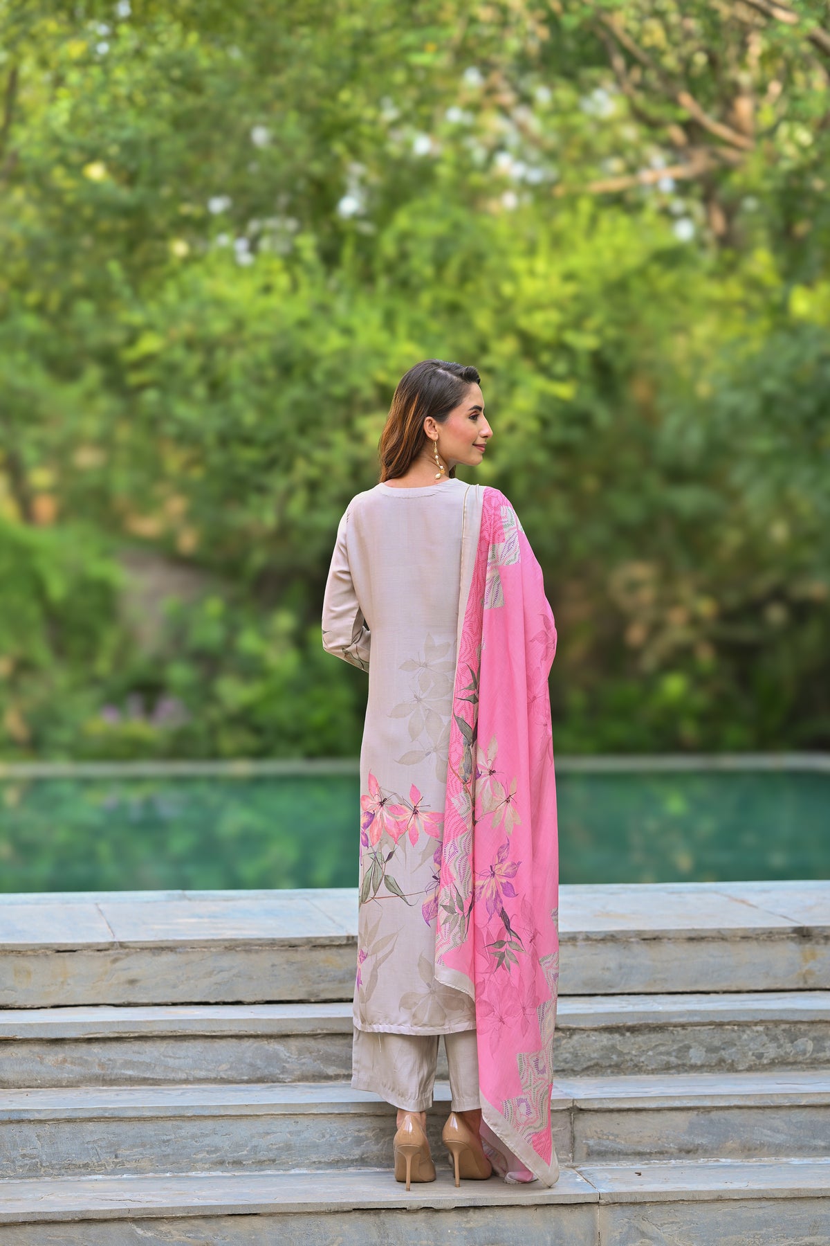 Pure Muslin Almond Bloom Print Suit Set with Thread Moti and Tari work