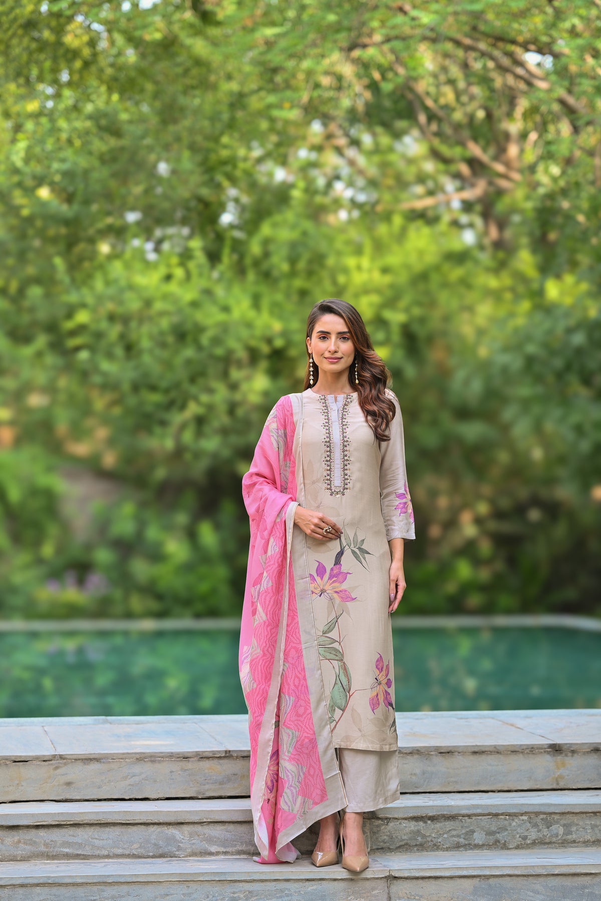Pure Muslin Almond Bloom Print Suit Set with Thread Moti and Tari work