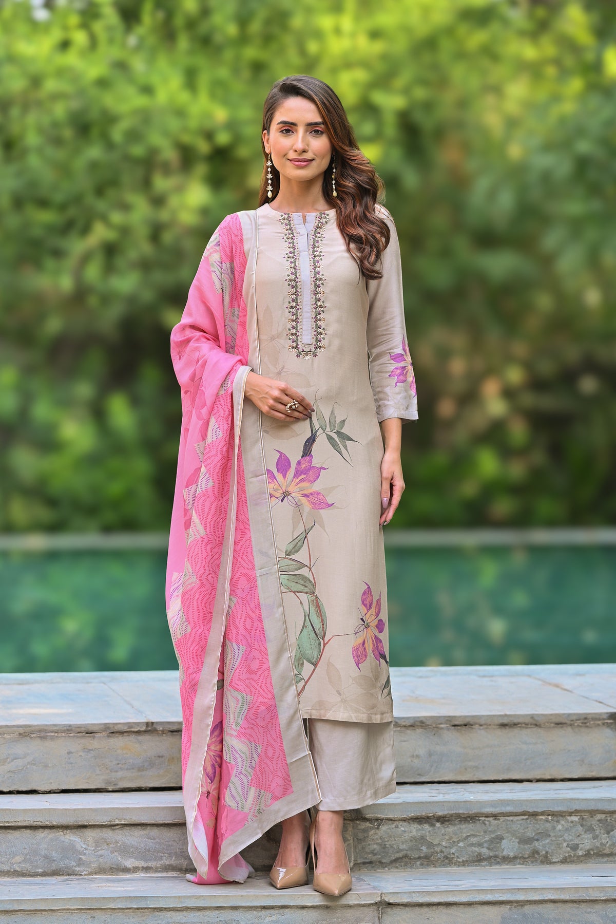 Pure Muslin Almond Bloom Print Suit Set with Thread Moti and Tari work