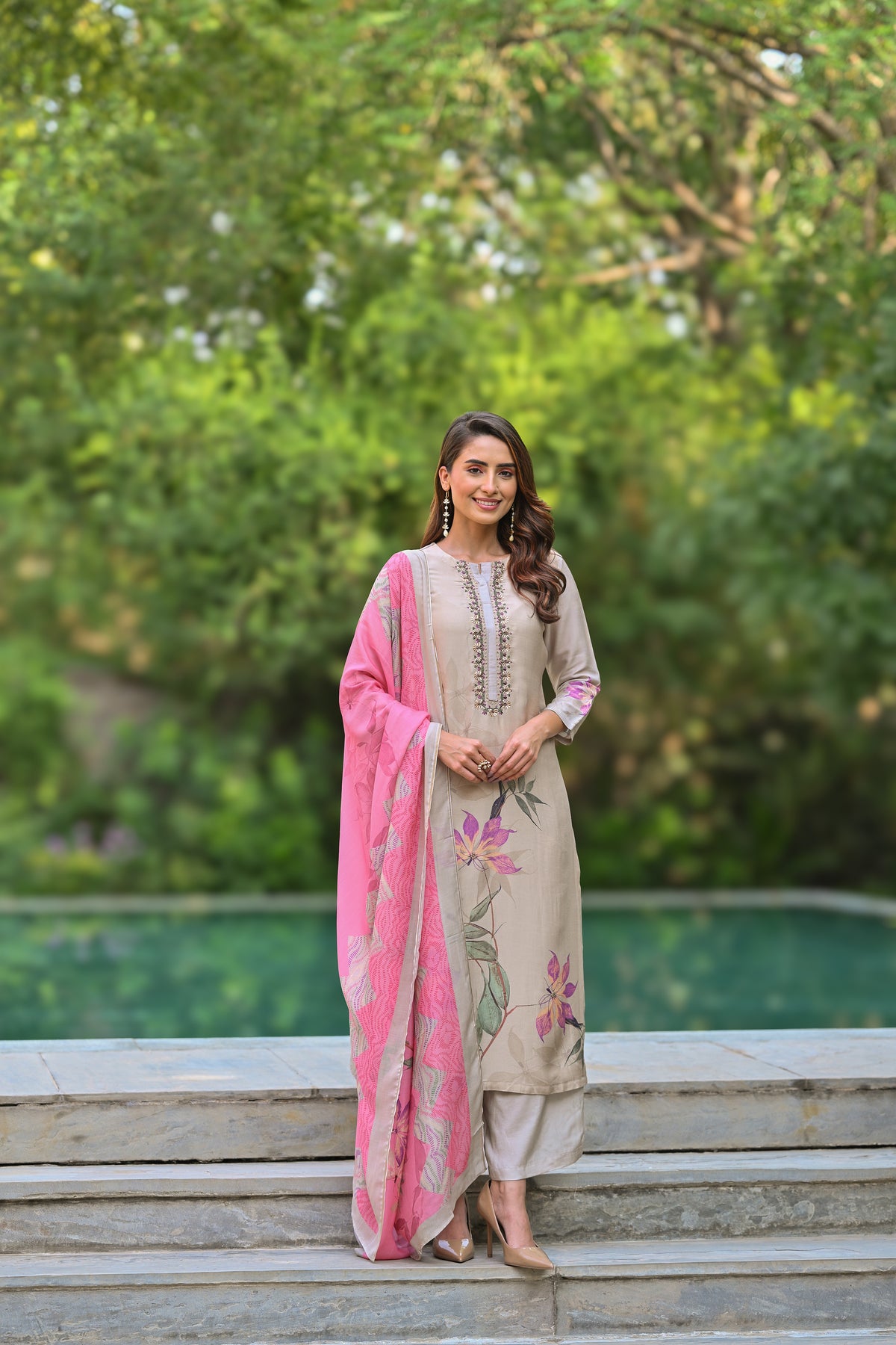 Pure Muslin Almond Bloom Print Suit Set with Thread Moti and Tari work