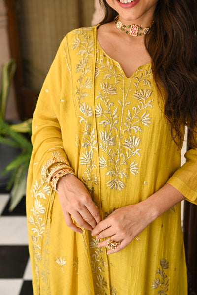 Yellow Pure Mul Chanderi with Metallic Thread work on Kurta and Dupatta Suit Set