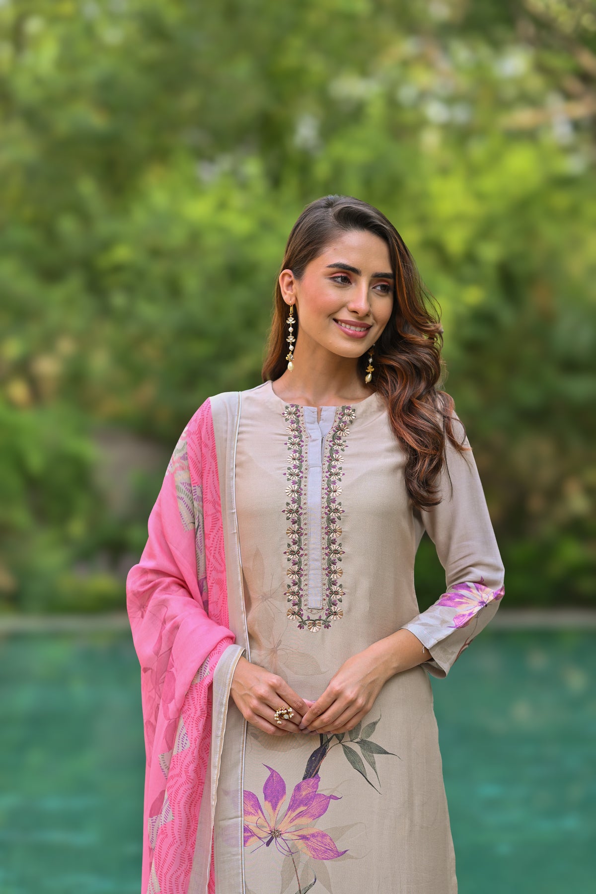 Pure Muslin Almond Bloom Print Suit Set with Thread Moti and Tari work