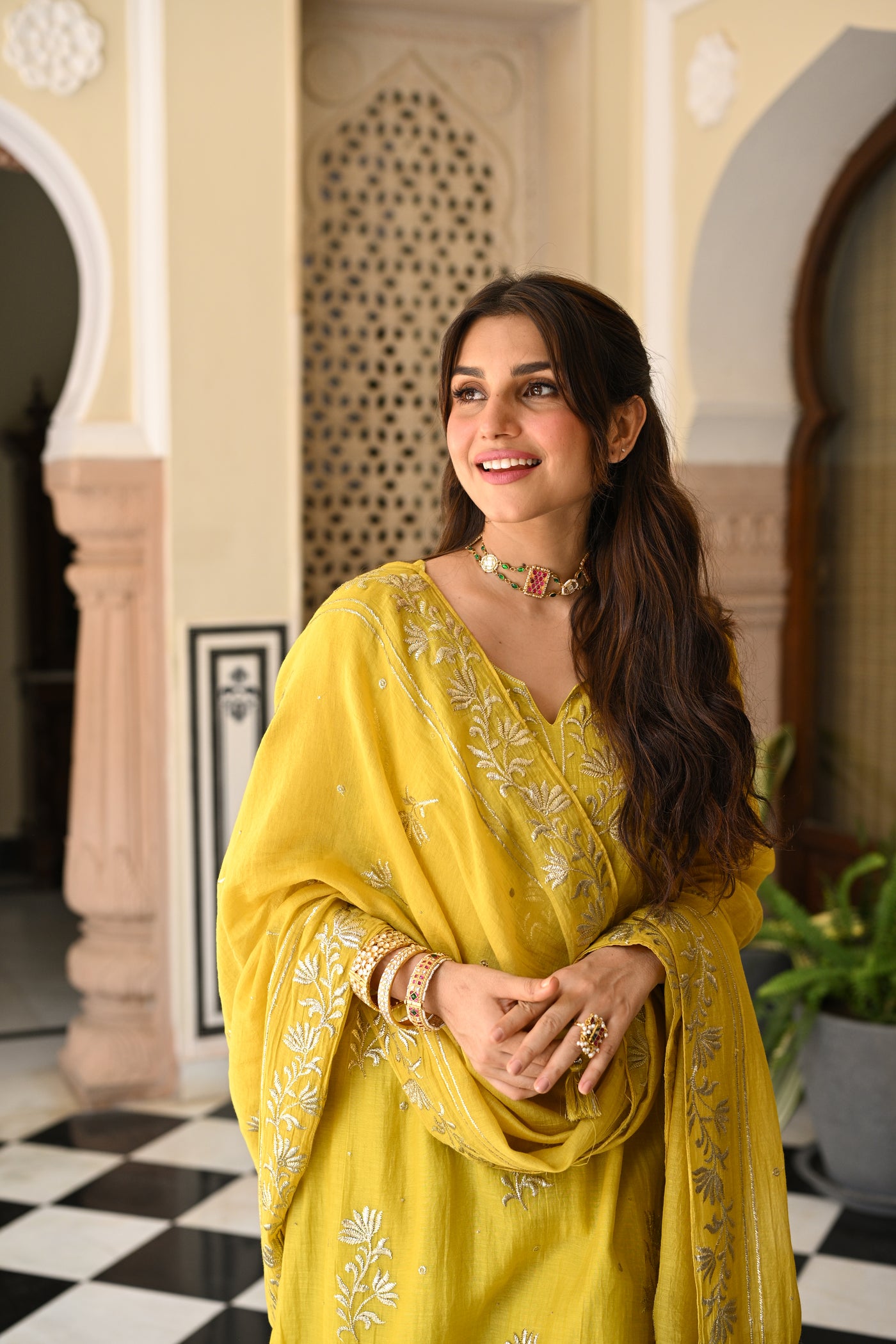 Yellow Pure Mul Chanderi with Metallic Thread work on Kurta and Dupatta Suit Set