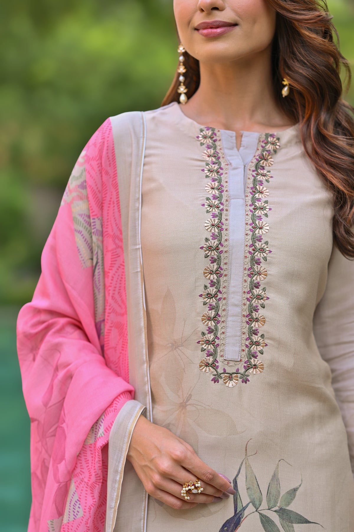 Pure Muslin Almond Bloom Print Suit Set with Thread Moti and Tari work