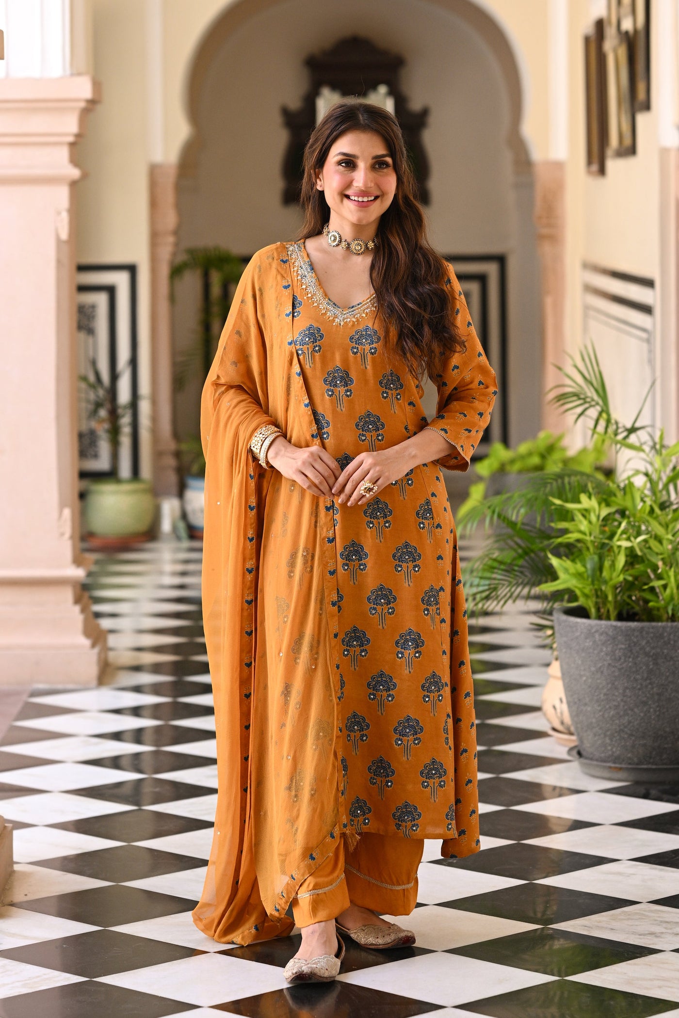 Mustard and blue muslin v neck gota work block print A line suit set with chiffon dupatta