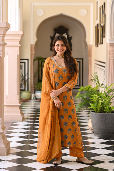 Mustard and blue muslin v neck gota work block print A line suit set with chiffon dupatta