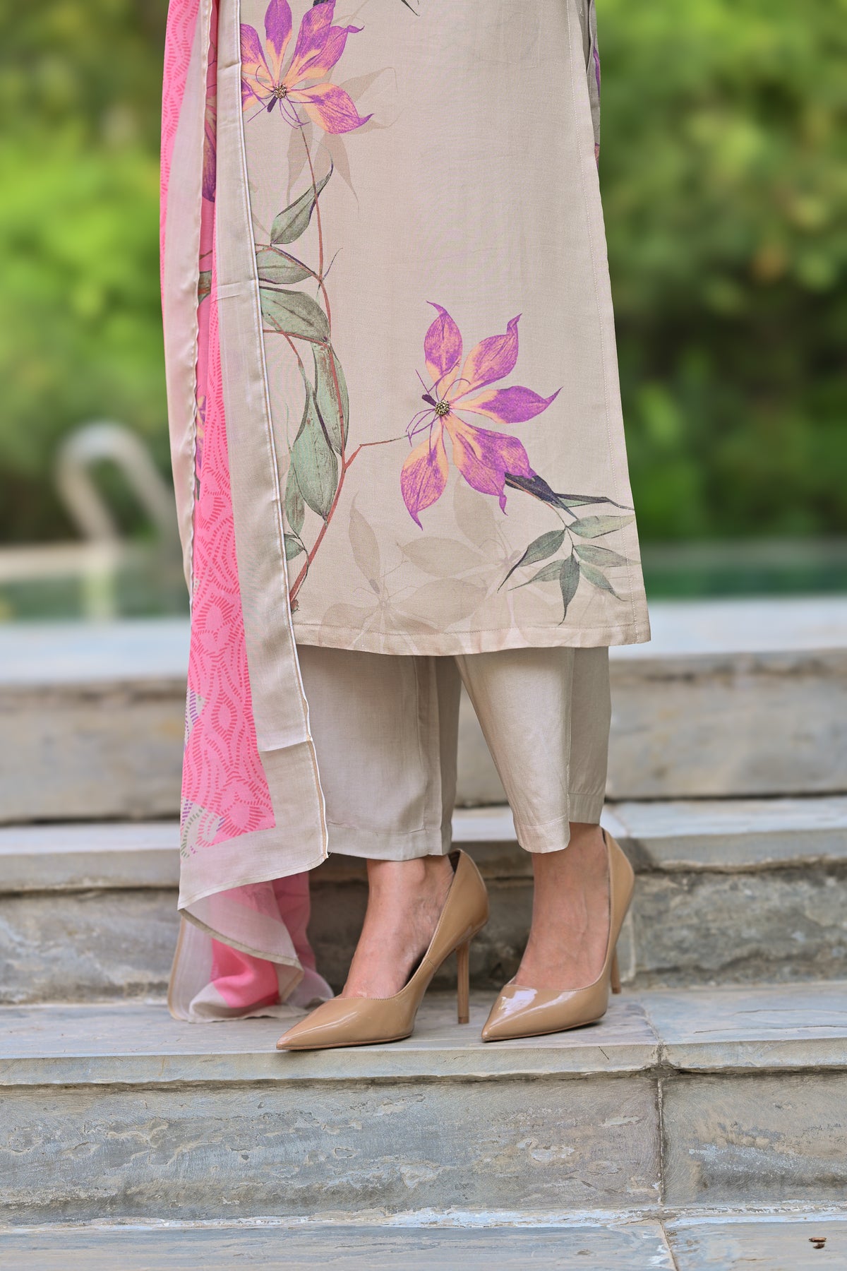 Pure Muslin Almond Bloom Print Suit Set with Thread Moti and Tari work